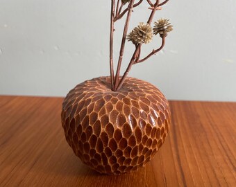 Unique Handmade Pottery Stem Bud Vase, Artisan Signed Textured Seed Sculpture
