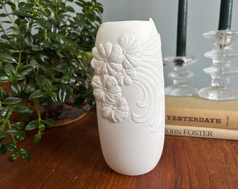 Kaiser West Germany White Porcelain Vase with Floral Tone on Tone Relief