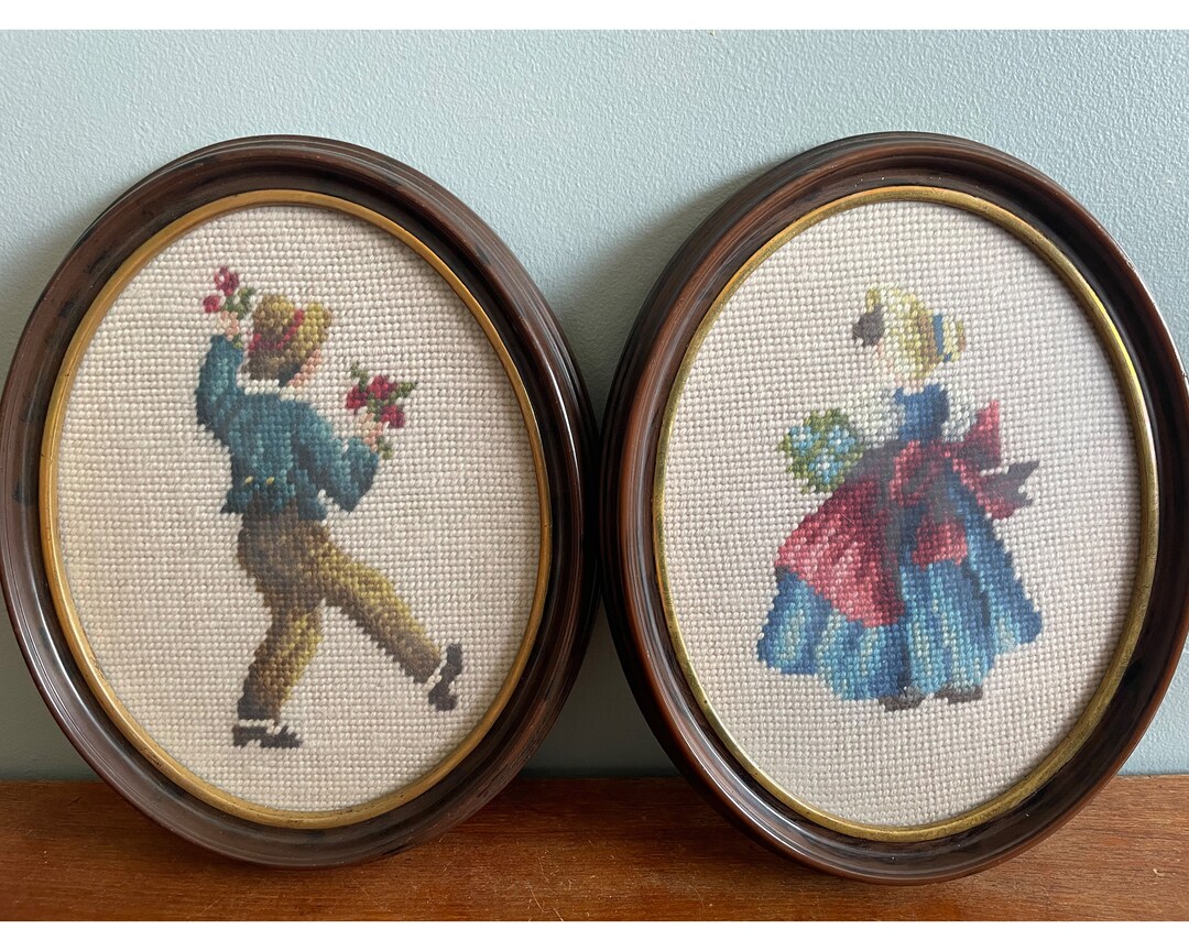 Vintage Needlepoint Wall Art, 10 X 8 Oval Frames, Boy & Girl Figures