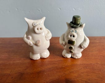 Hand-Crafted Porcelain Pig Figurines, Cream Glaze, Flower, Top Hat, Pig Collectors Gift