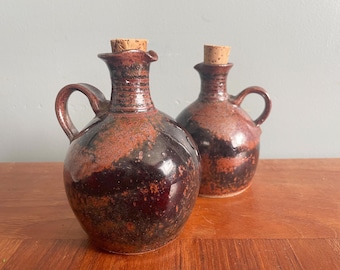 Pottery Oil & Vinegar Cruets, Set of Reddish Brown Salt Glazed Bottles