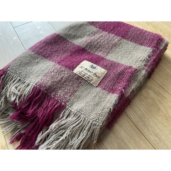 Jeté en laine, carreaux framboise et taupe, mélange de mohair, couverture pour canapé et chaise