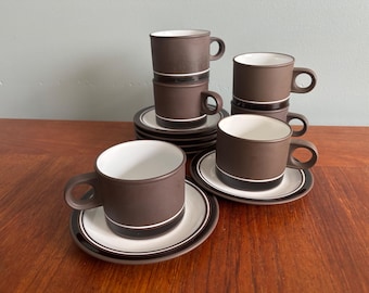 Hornsea Pottery Contrast Coffee Cup & Saucer, Set of 6 Vintage 1970s British Mid Century Dishes