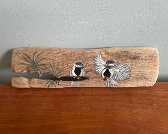 Chickadee Bird Painting on Driftwood, Nature Wildlife Themed Wall Art, Original Hanging Art