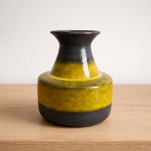 Peut inclure: Un vase en céramique avec un corps arrondi et un col évasé. Le vase présente un dégradé de couleurs, passant d'une base noire foncée à une section médiane jaune-vert vif, et revenant au noir en haut. Le vase est un objet décoratif.