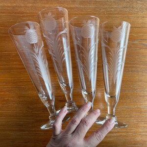 Vintage Thistle Crystal Glass Champagne Flutes or Beer Stemware, Set of 4 Scottish Bar Glasses