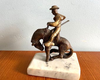 Vintage Bronze Sculpture, Rider on Bucking Horse, English Countryside Home Decor
