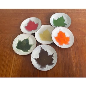 Vintage Enamel Set of 6 Coasters, Maple Leaf Motif, Signed Seguin Canada