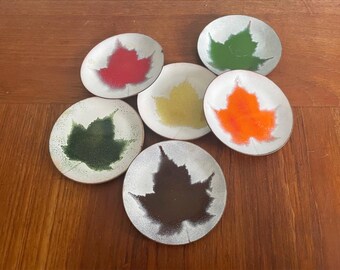 Vintage Enamel Set of 6 Coasters, Maple Leaf Motif, Signed Seguin Canada