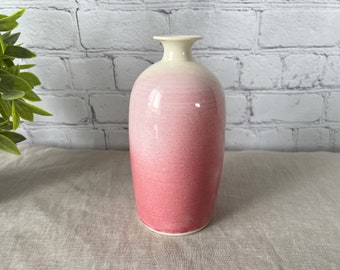Pink Bud Flower Vase, Signed McKinnon, Handmade Pottery With Ombre Effect