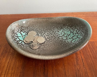 West German Pottery Trinket or Decorative Dish, Turquoise Blue & Grey Crackled Textured Glaze