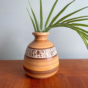 May include: A brown and white ceramic vase with a geometric pattern. The vase is filled with green leafy plants.