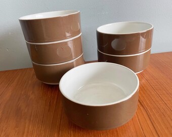 Vintage Figgjo Set of 6 Brown Bowls, Med Korund 1970 Collection, Scandinavian Mid Century Dishware