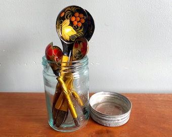 Set of 5 Khokhloma Spoons, Russian Painted Folk Art, Black Red & Gold Home Decor