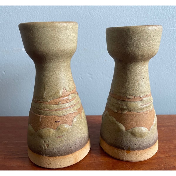 Sage Green Candlesticks, Taper Candles, 2 Pottery Candleholders