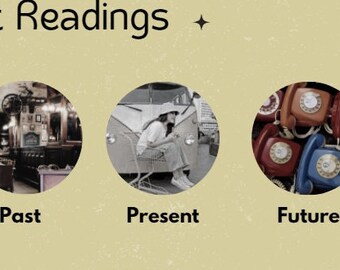 May include: Tarot card reading illustration with three images representing the past, present, and future. The past image shows a vintage bar interior, the present image shows a person sitting in a vintage van, and the future image shows a pile of vintage rotary phones.