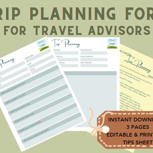 Travel Planning Form for Travel Advisor, instant download, printable client inquiry script and worksheet