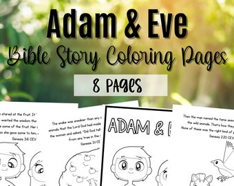 Può includere: Pagine da colorare in bianco e nero con illustrazioni di Adamo ed Eva dalla storia biblica. Le pagine includono il testo dei versetti biblici Genesi 3:6, 3:1 e 2:20. Le pagine sono progettate per essere colorate dai bambini.