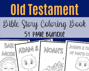 May include: Black and white coloring book pages featuring illustrations of Bible stories. The pages include images of baby Moses, Adam and Eve, Noah's Ark, and Joseph. The title of the book is "Old Testament Bible Story Coloring Book 51 Page Bundle".