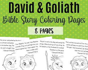 May include: Black and white coloring pages featuring illustrations of David and Goliath from the Bible story. The pages include text from the Bible verses 1 Samuel 17:40, 1 Samuel 17:32-33, 1 Samuel 17:49, and 1 Samuel 17:37.