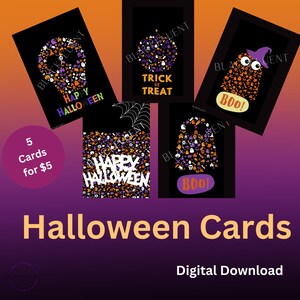 Halloween Digital Postcards, Wall Art, Digital Download, Printable, Happy Fall Card, Set of 5, Instant Download