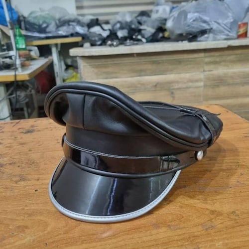 Berretto In Pelle - Vera Pelle Nero Army Muir Biker Arancione Trim - Foto 5