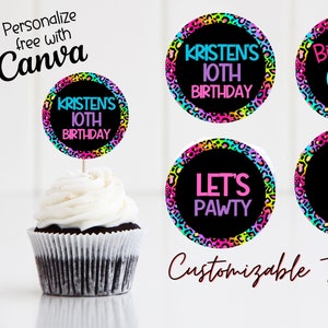 Decorazioni per cupcake di compleanno a forma di ghepardo arcobaleno: decorazioni per feste modificabili (digitali)