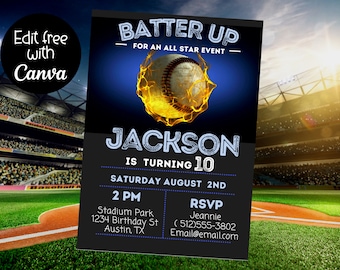 May include: Baseball-themed birthday party invitation with a black background and a fiery baseball graphic. The text reads "Batter Up - For an All Star Event - Jackson is turning 10 - Saturday August 2nd - 2 PM - Stadium Park 1234 Birthday St Austin, TX - RSVP Jeannie (512)555-3802 Email@email.com"