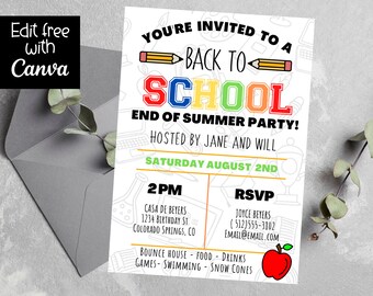 Back to School Party Invitation | Editable Template | School Invite | First Day of School Party | Printable Invite | Instand Dowload