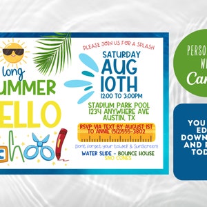 Editable Back to School Pool Party Invitation - End of Summer Party Invitation - Pool Party Invitation - Printable Back to School Party