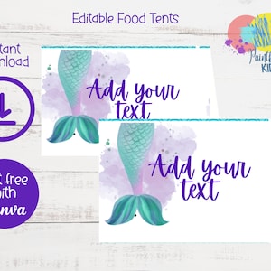 Tiendas de campaña de comida de sirena verde azulado - Tarjetas EDITABLES de lugar de sirena - Decoraciones de fiesta de sirena - Etiquetas de comida de sirena