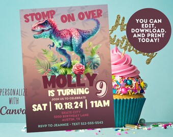 Girl Dinosaur Party Invite, Dinosaur Birthday Invitation, Pink Dinosaur Party Invitation, Dinosaur Birthday Invite, Girls Dino Party, Trex