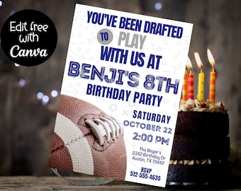 May include: A white and blue football-themed birthday party invitation for Benji's 8th birthday. The invitation features a football graphic and the text "You've Been Drafted to Play With Us at Benji's 8th Birthday Party". The invitation also includes the date, time, and location of the party.