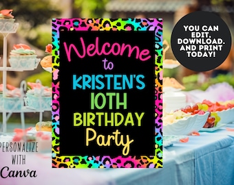 Editable Rainbow Party BUNDLE -  Rainbow Cheetah Birthday Bundle-  Colorful Party Decor - Animal Print  invitation - 90's Bundle