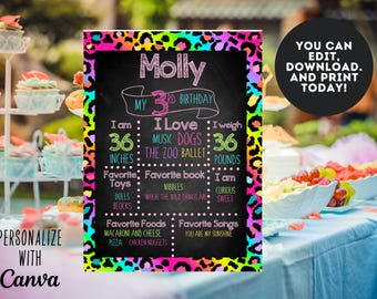 Rainbow Cheetah Birthday Milestones Poster: 90s Party Decor (Digital File)