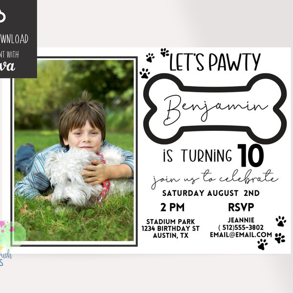 Photo Dog Birthday Invitation - Puppy Brithday Invitation -Lets Pawty Birthday Party Invite - Dog Editable Template Instant Download