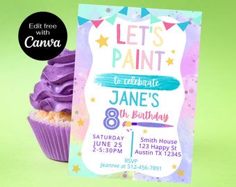 Invitación de cumpleaños de fiesta de pintura - Invitación de fiesta de arte - Invitación de cumpleaños para niños - Plantilla de invitación de cumpleaños editable - Acceso instantáneo
