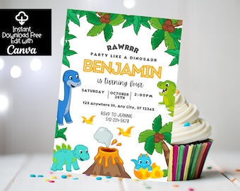 Invitación de cumpleaños de dinosaurio, Invitación de dinosaurio EDITABLE, Tema de dinosaurio, Invitación de dinosaurio, DESCARGA INSTANTE Imprimible, Primera invitación de cumpleaños