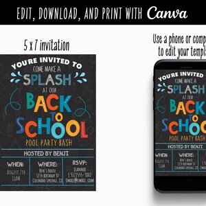 Puede incluir: Una invitaci&oacute;n de 5x7 pulgadas para una fiesta de piscina de regreso a clases. La invitaci&oacute;n est&aacute; dise&ntilde;ada para parecer una pizarra con texto colorido que dice "Est&aacute;s invitado a venir a hacer un chapuz&oacute;n en nuestra fiesta de piscina de regreso a clases." La invitaci&oacute;n tambi&eacute;n incluye detalles sobre la fiesta, como la fecha, la hora, la ubicaci&oacute;n y la informaci&oacute;n de RSVP.