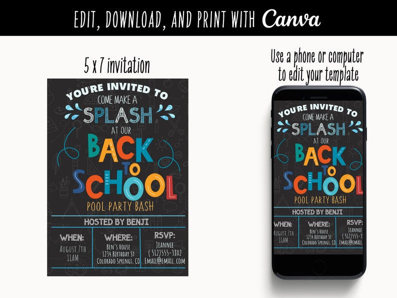 Puede incluir: Una invitaci&oacute;n de 5x7 pulgadas para una fiesta de piscina de regreso a clases. La invitaci&oacute;n est&aacute; dise&ntilde;ada para parecer una pizarra con texto colorido que dice "Est&aacute;s invitado a venir a hacer un chapuz&oacute;n en nuestra fiesta de piscina de regreso a clases." La invitaci&oacute;n tambi&eacute;n incluye detalles sobre la fiesta, como la fecha, la hora, la ubicaci&oacute;n y la informaci&oacute;n de RSVP.