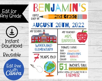 Letrero editable de regreso a la escuela, Letrero editable imprimible para el primer y último día de clases, Descarga instantánea personalizada de regreso a la escuela