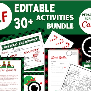 May include: A printable set of elf-themed activities for kids. The set includes a report card for Santa, a letter to Santa, and a coloring page. The printable set is editable and can be personalized using Canva.