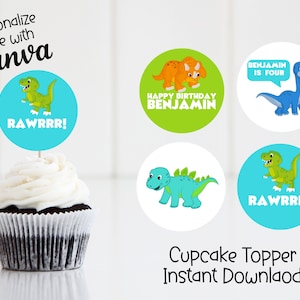 Editable Dinosaur Cupcake Topper - Birthday Cupcake Topper - Dinosaur DIY Cupcake Topper - Personalized - Instant Editable Download -0052