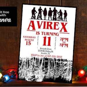 May include: A black and white invitation with red text for an 11th birthday party. The invitation features a silhouette of kids riding bikes and the text "AVIREX IS TURNING 11". The party is on Saturday, 15th August from 2pm to 5pm at Arcade Zone, 1234 Birthday St, Austin, TX. RSVP to Jen at 512-555-3802.
