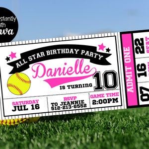 Softball Party Einladung - Softball Geburtstag - Softball Geburtstagsparty -Softball Ticket - All Star Geburtstag - Softball Party Dekorationen