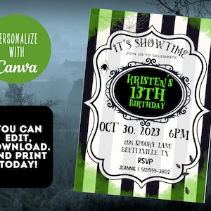 May include: A black and white striped invitation with green accents. The invitation is for a 13th birthday party. It says "It's Showtime" and "Kristen's 13th Birthday". The party is on October 30, 2023 at 6 PM. The address is 1234 Spooky Lane, Beetleville, TX. The RSVP number is (512)555-3802.