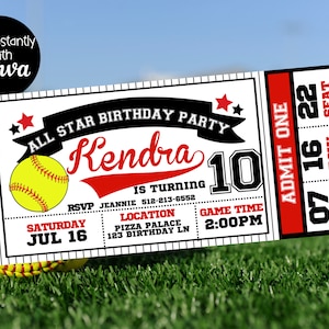 Softball-Party-Einladung, Softball-Geburtstag, rote und schwarze Geburtstagsfeier, Softball-Eintrittskarte, All-Star-Geburtstag, Softball-Partydekoration