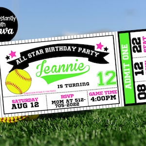 Softball Party-Einladung - Softball Geburtstag - Softball-Geburtstagsfeier -Softball Ticket -DIY einladen -Personalisierte Softball-Party-Einladung