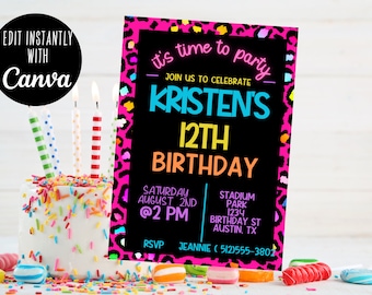 Editable Rainbow Party Invitation -  Rainbow Cheetah Birthday Invitation -  Colorful Party Decor - Animal Print  invitation - 90's Invite