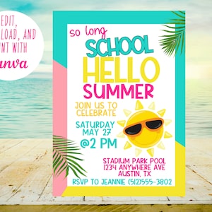 Invitación a la fiesta de fin de escuela - Hola verano - Se acabó la escuela - Sol - Fiesta de verano - Tobogán acuático Invitación DIGITAL EDITABLE - Hasta luego escuela